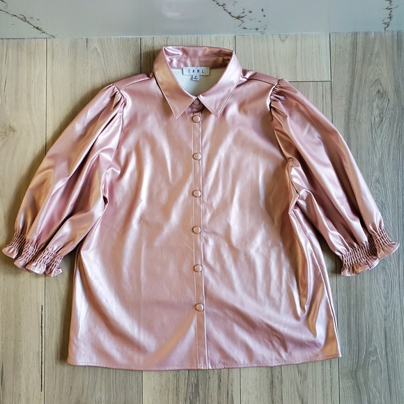 THML Tops - THML Blouse Womens Medium Pink Shimmer Button-Front Collar Top